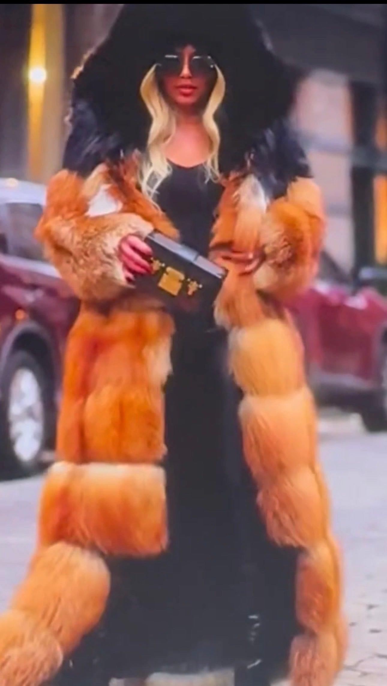 Natural Red Mink Fox Fur Stroller with Hood