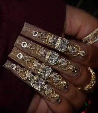 Brown Polished Hand Made Swarovski Crystal Lucite Acrylic Luxury Long Nails