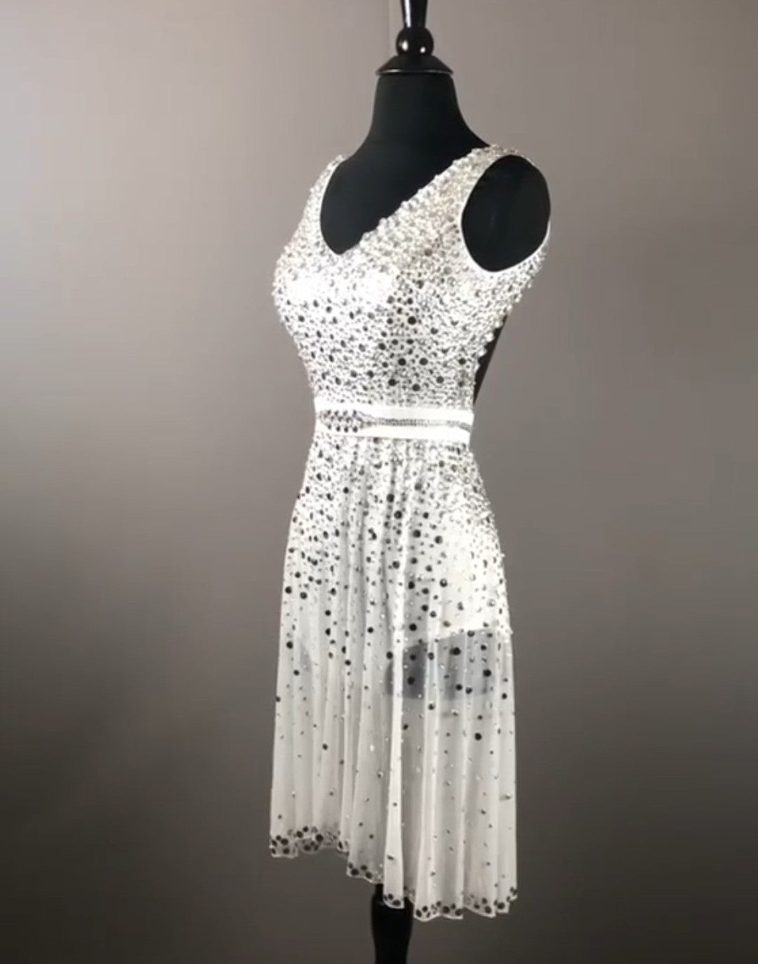 White Sheer Evening Gown Dress with Swarovski Crystals